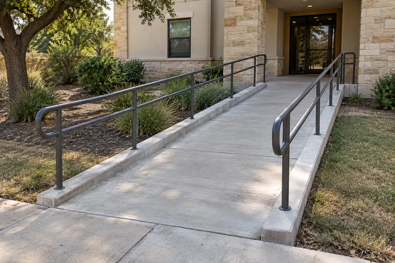 Sloped concrete walk with handrails at a building entrance