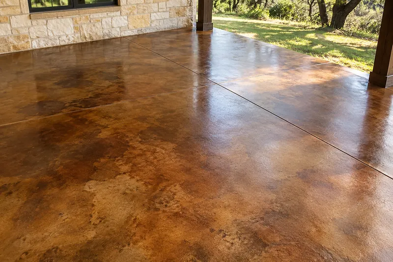Glossy acid-stained patio floor in brown and amber tones