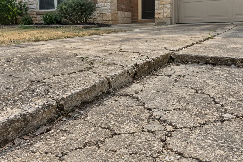 Driveway with web-like cracking and one panel sunk below the next