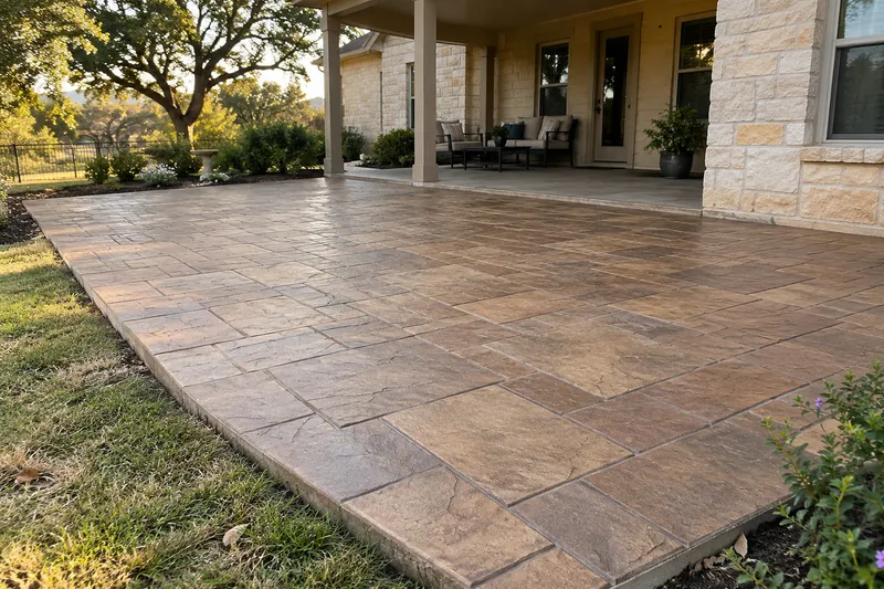 Ashlar slate stamped patio in warm earth tones beside a porch