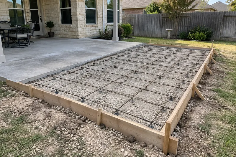 Wood forms and steel set to extend an existing back patio