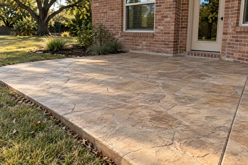 Stamped flagstone patio along the back of a red brick home