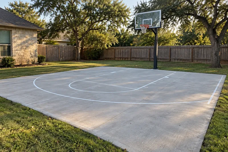 Concrete backyard half-court with painted lines and a hoop