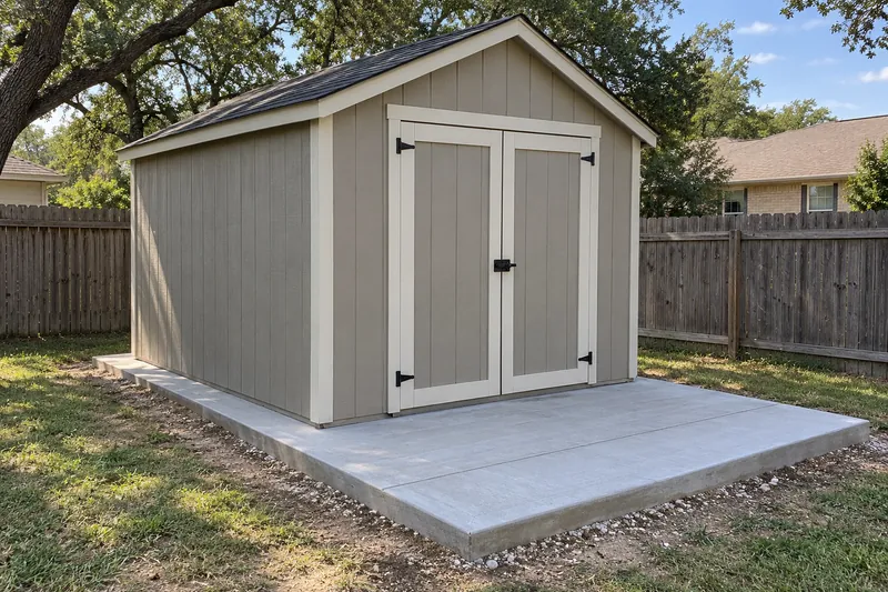 Storage shed set on a new concrete pad in a backyard