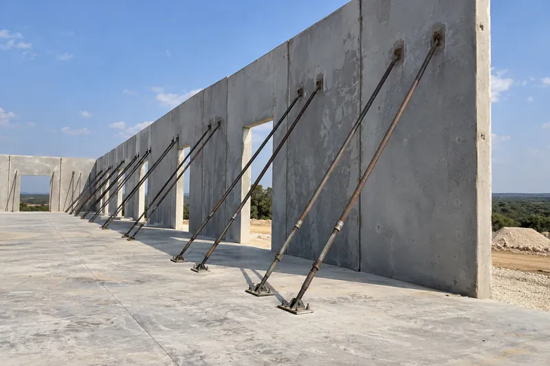 Braced tilt-wall panels standing along the edge of a slab
