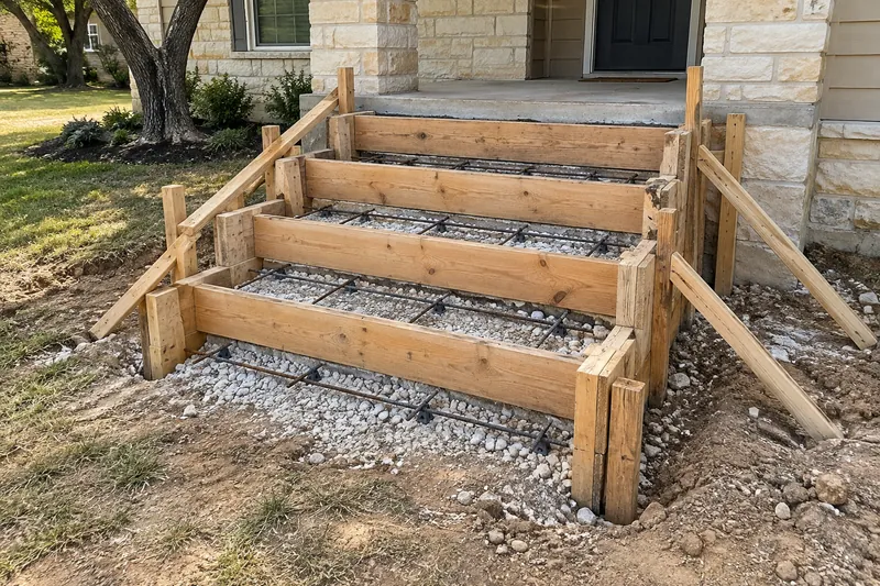 Braced wood riser forms set for a flight of poured steps