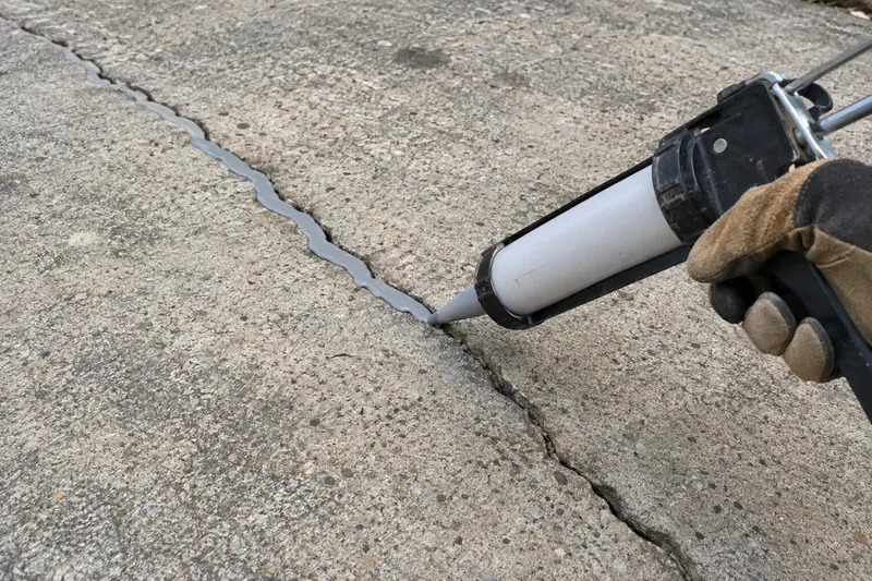 Caulk gun filling a driveway crack with gray sealant