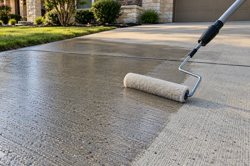 Clear sealer rolled onto a broom-finished concrete driveway