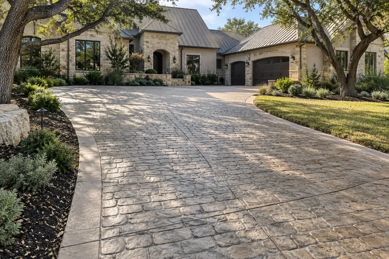 Stamped cobblestone driveway curving up to a large stone house