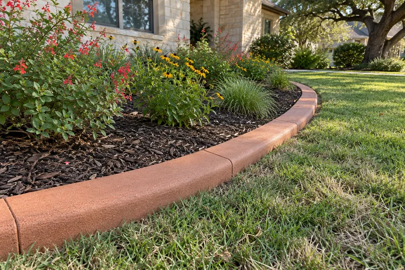 Terracotta-colored curbing edging a flower bed beside a lawn