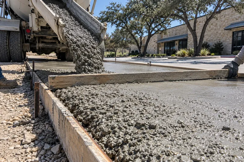 Fresh concrete placed between forms for a commercial parking lot