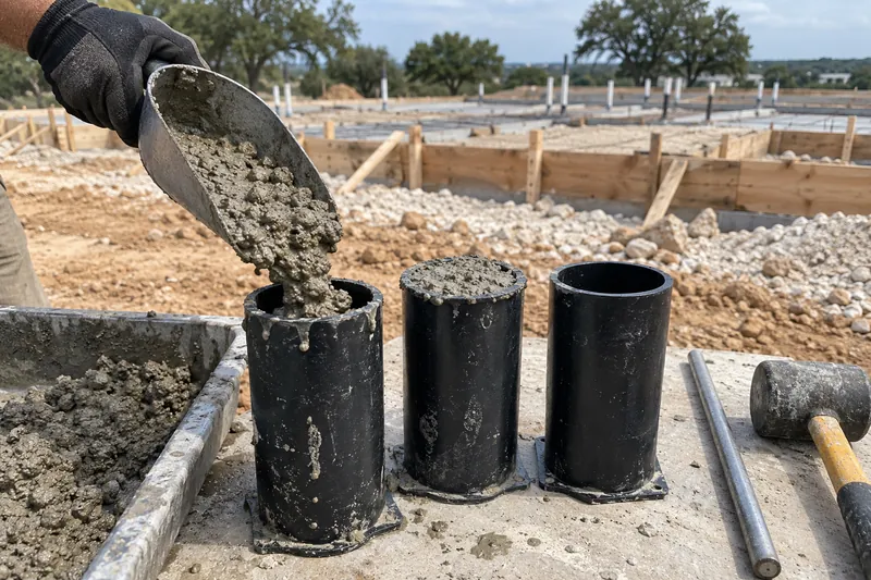 Fresh concrete scooped into test cylinder molds at a job site