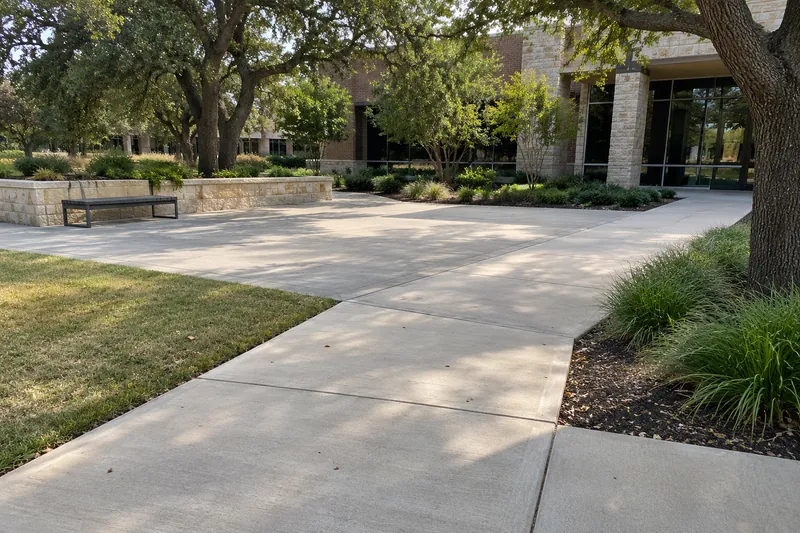 Wide concrete walks and a plaza at an office campus