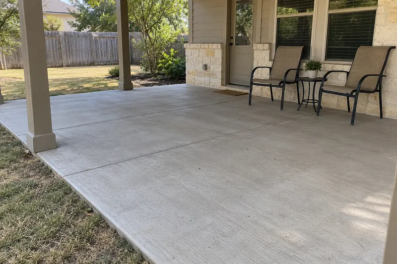 Plain broom-finished patio under a covered back porch