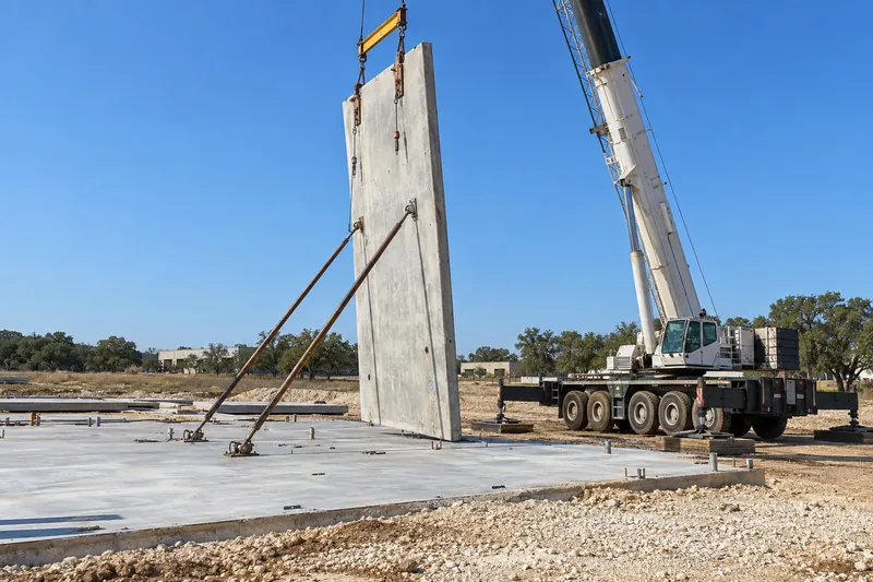 Crane tilting a concrete wall panel upright with braces attached