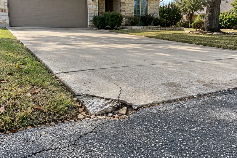 Crumbling driveway corner where the slab meets the street