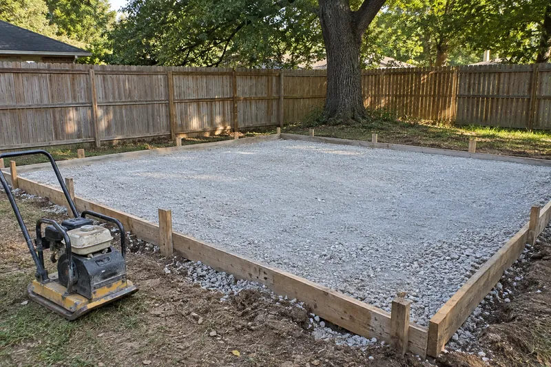Crushed stone base compacted inside wood forms for a pad