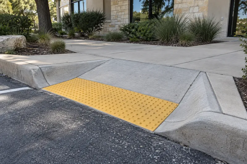 Curb ramp with a yellow detectable warning pad at a walk
