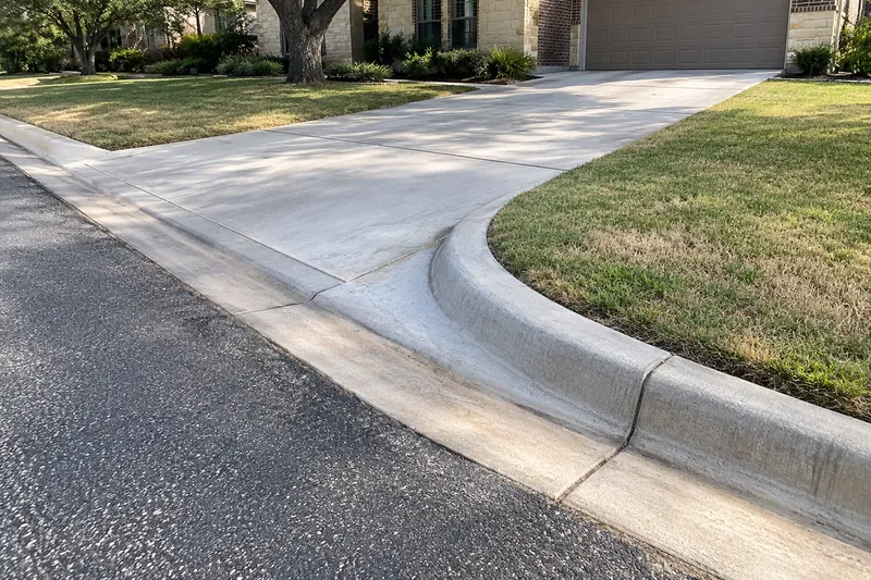 Rounded curb return where a residential drive meets the street