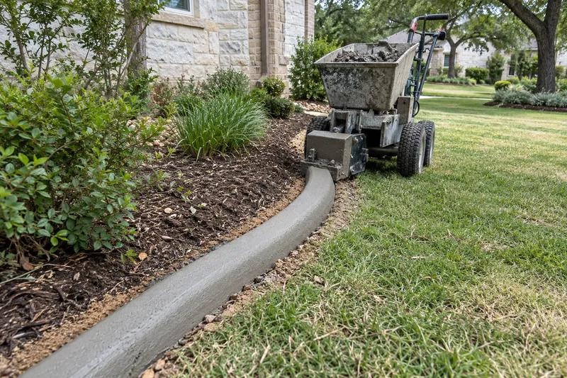 Curbing machine laying a continuous concrete edge along a lawn