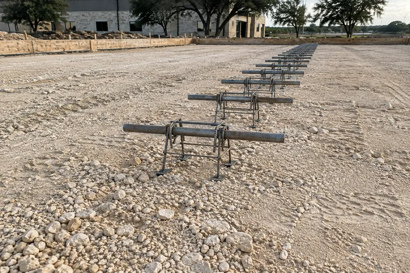 Row of dowel baskets set along a planned joint line