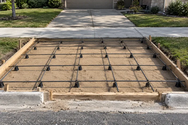 Forms and rebar on chairs over sand bedding for a driveway approach