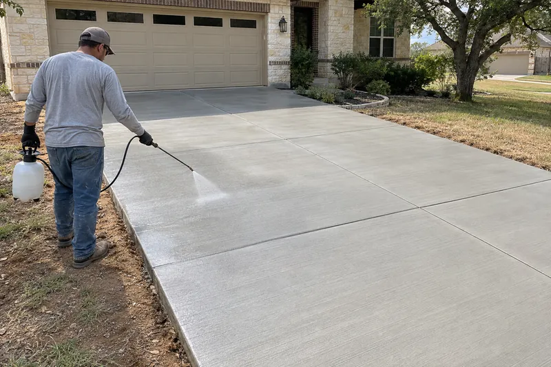 Curing compound sprayed over a newly broom-finished driveway