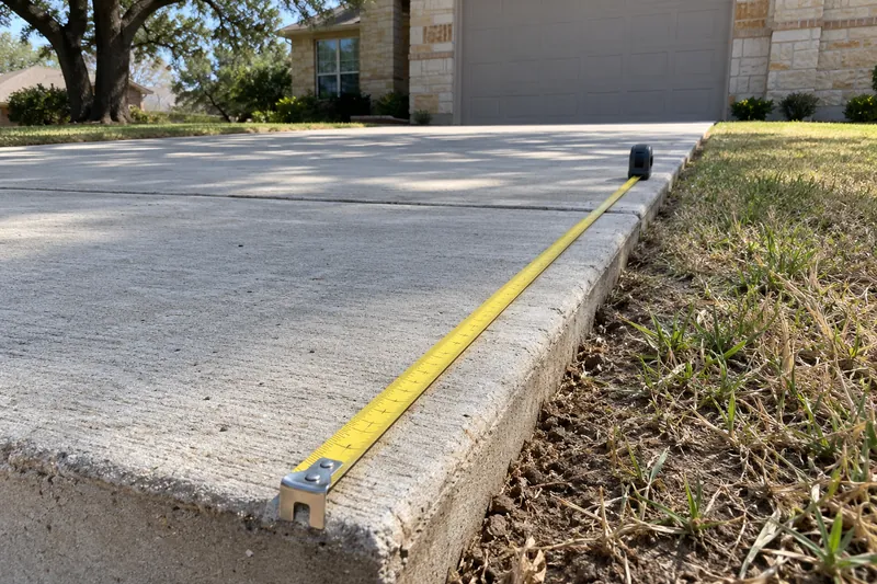 Yellow tape measure run along the side of a new driveway