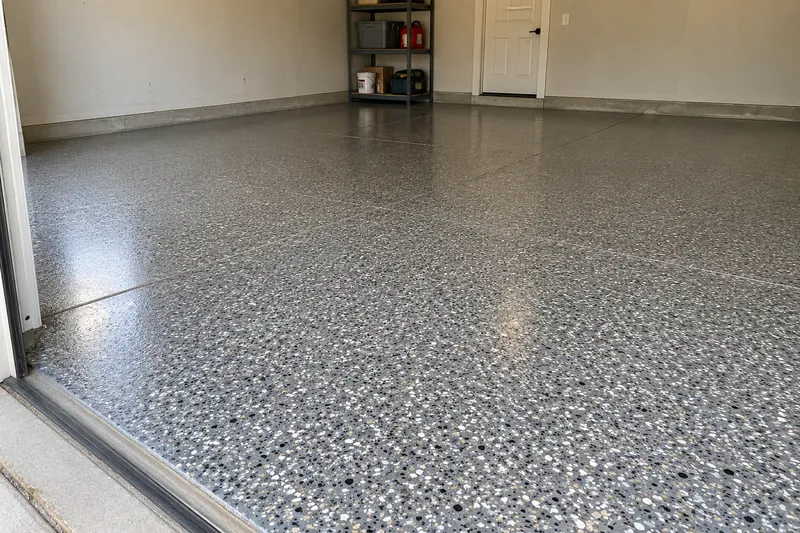 Glossy epoxy garage floor broadcast with colored flakes