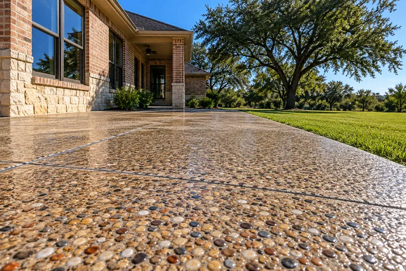 Close view of sealed exposed aggregate with rounded river pebbles