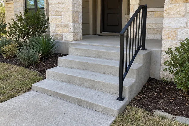 Four concrete steps and a black handrail leading to a front porch