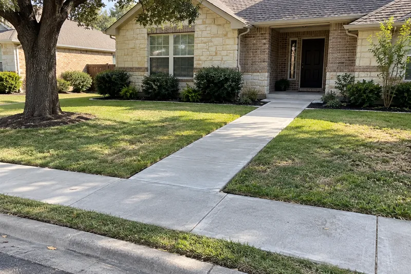 Straight concrete front walk running from the street to a porch