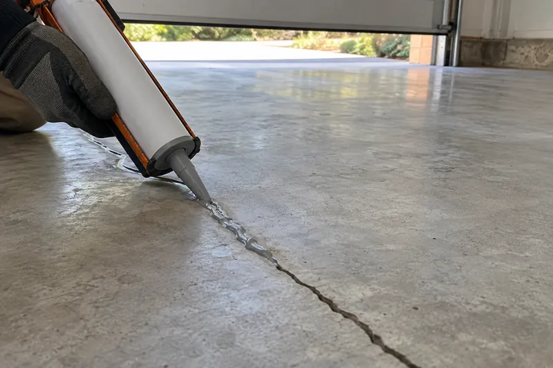 Crack across a garage floor being filled with gray sealant