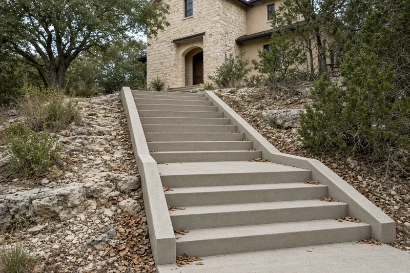 Wide concrete entry stairs climbing a hillside to a front door