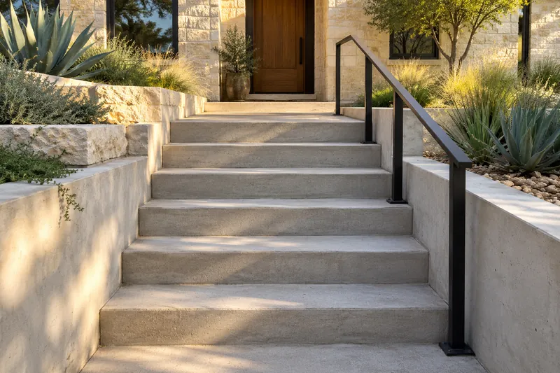 Concrete steps climbing between terrace walls on a sloped yard