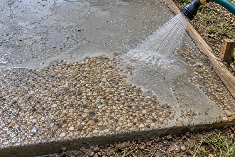 Hose washing surface paste away to reveal exposed aggregate