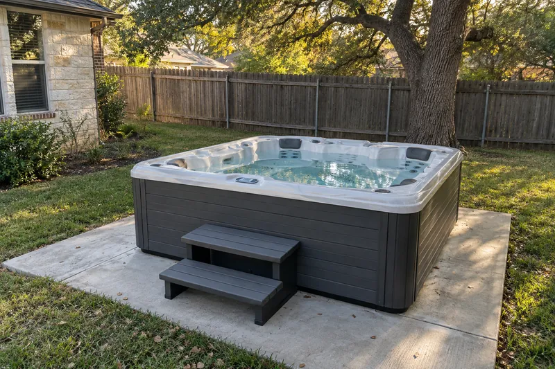 Backyard hot tub resting on a square concrete pad
