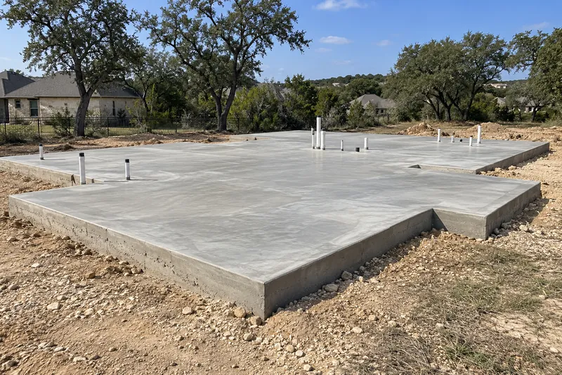Cured house foundation slab with plumbing stub-ups, ready for framing
