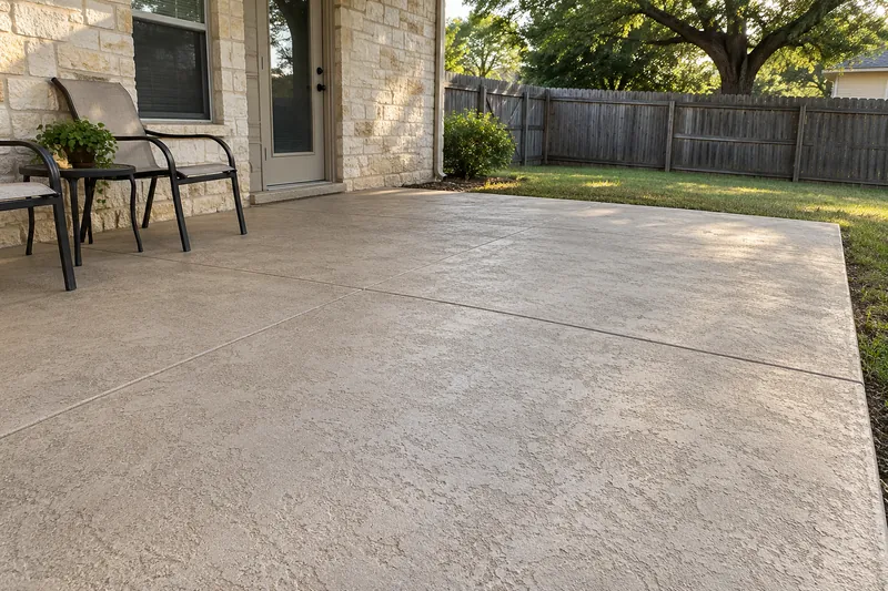 Patio coated with a mottled spray-knockdown overlay