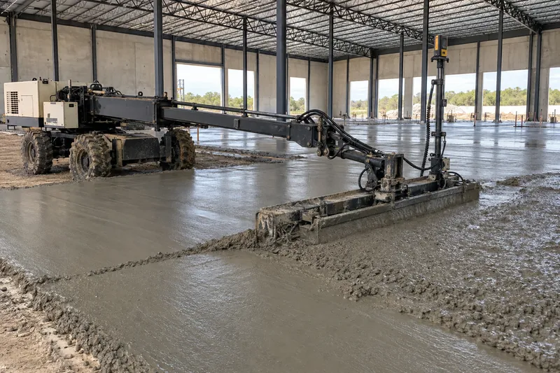 Laser screed leveling fresh concrete inside a warehouse shell