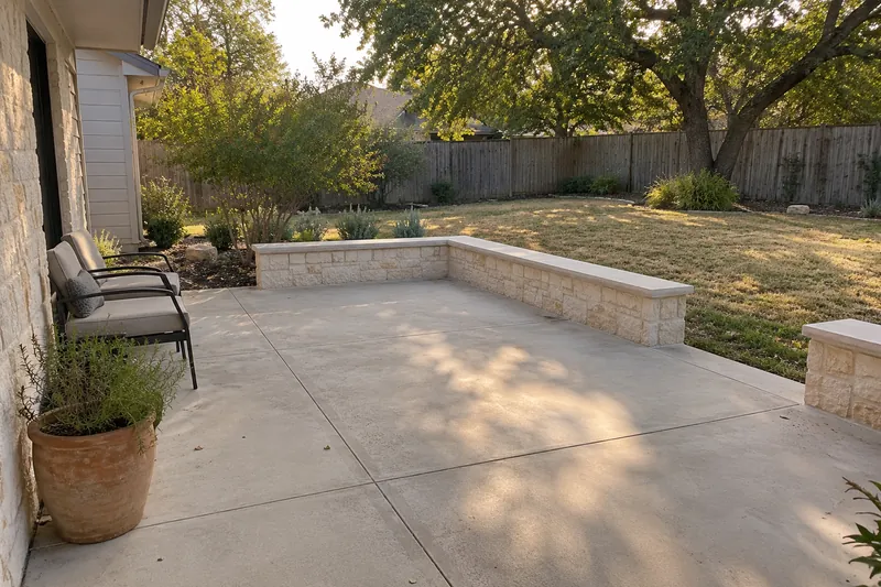Backyard concrete patio with a low limestone seat wall