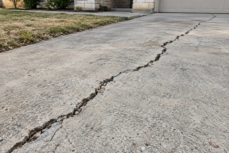 Long crack running across an older concrete driveway
