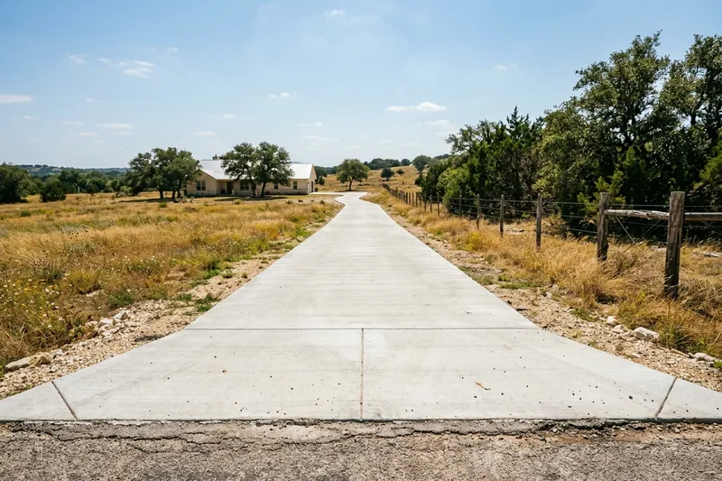 Long new concrete driveway across a rural lot