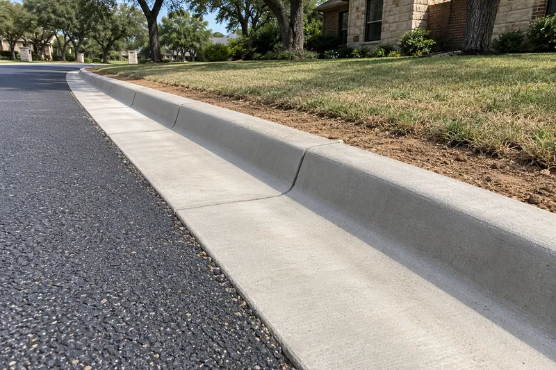 New concrete curb and gutter beside fresh asphalt