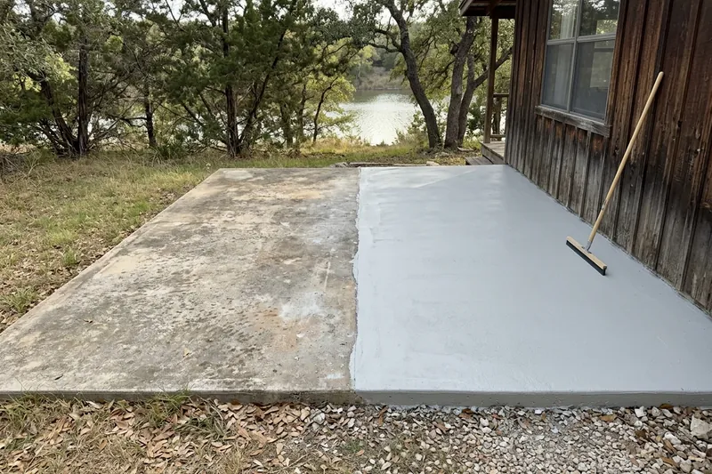 Older patio half covered with a fresh resurfacing coat