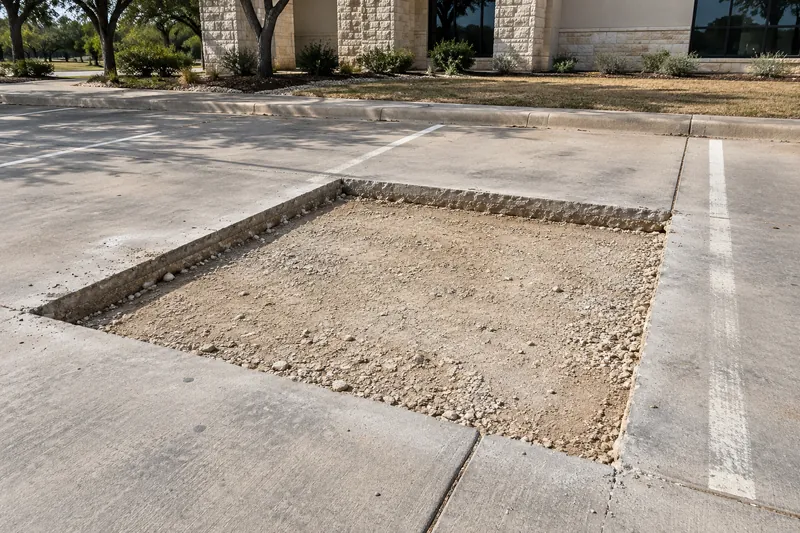Broken parking lot panel cut out down to the base