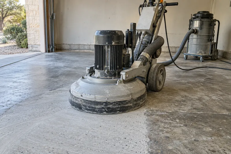 Planetary grinder and dust vacuum working a concrete floor