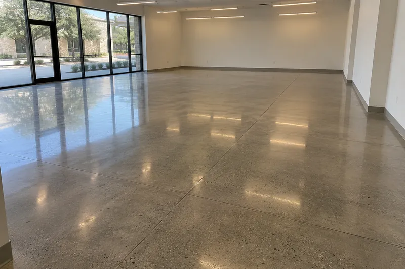 Polished concrete floor reflecting ceiling lights in an empty room