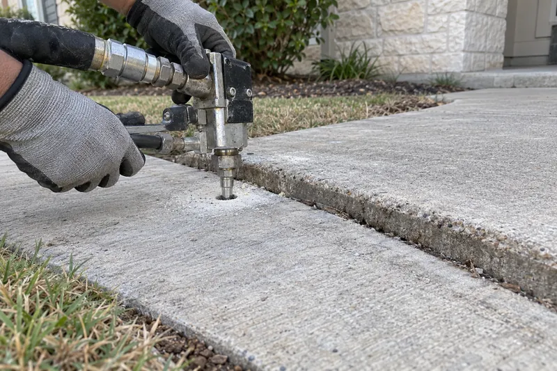 Foam injection gun lifting a settled sidewalk slab