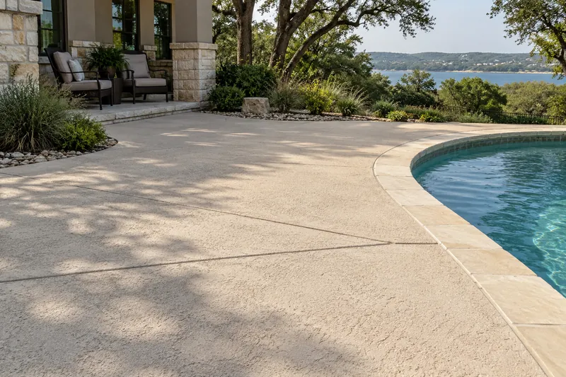 Textured pool deck with a lake view beyond the yard